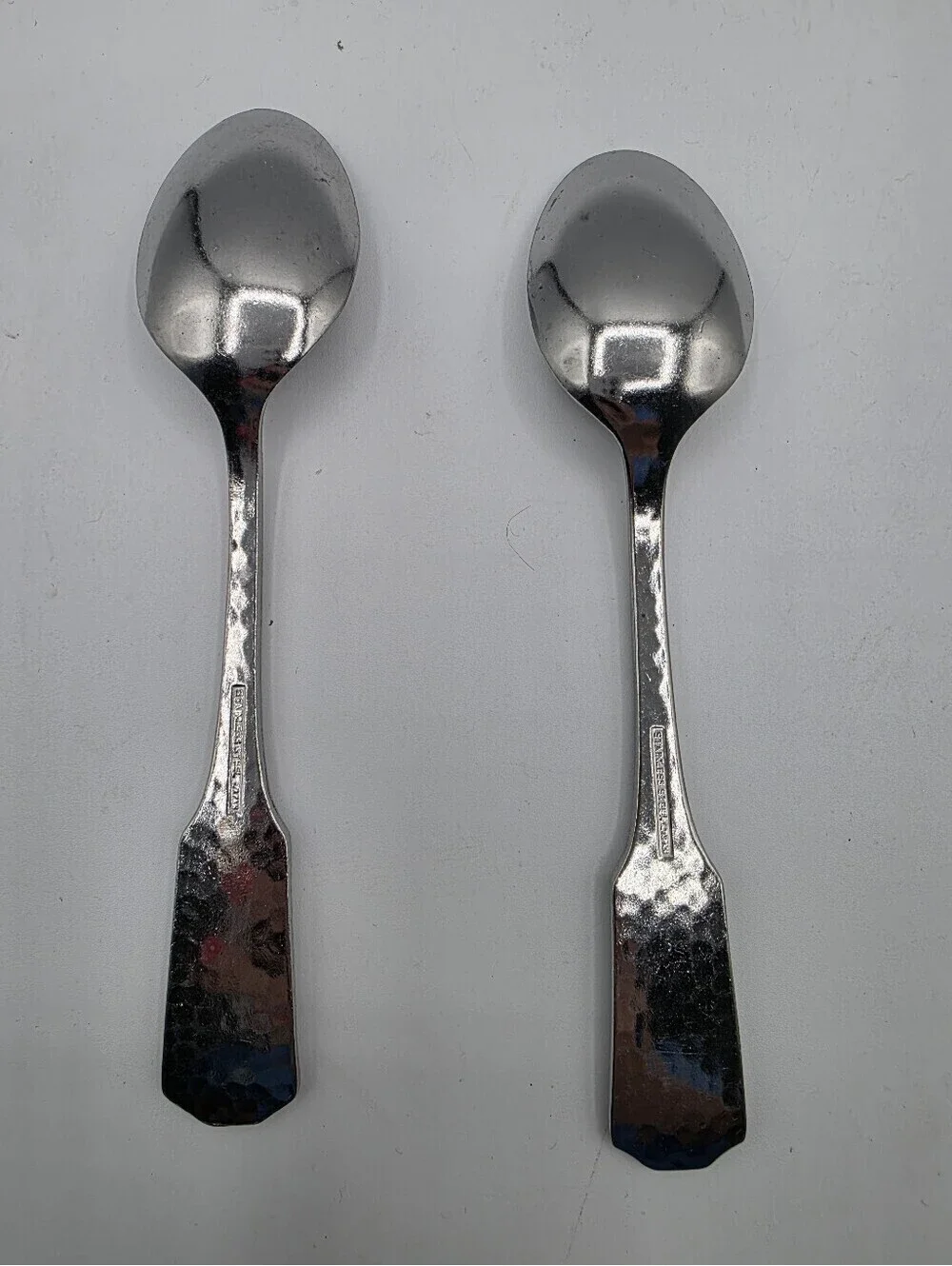 2 Stainless Steel Spoons Silverware Hammered Teaspoons Satin Made Japan Dessert